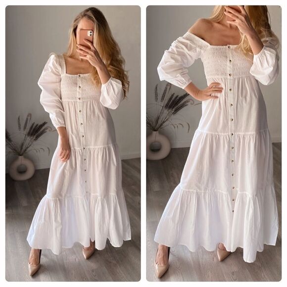 White Cotton Dress Smocking Long Maxi New - Picture 2 of 2